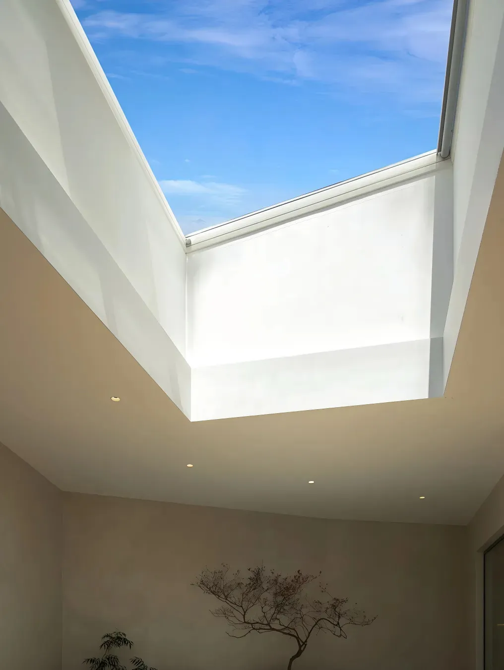 A bright and airy room with a high ceiling, white walls, and a skylight that allows sunlight to pour in, creating a clean and inviting environment