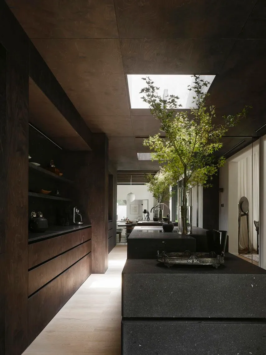 Modern kitchen with dark wood cabinets, granite countertops, and black appliances, featuring two sinks, a refrigerator, and a dining table with chairs
