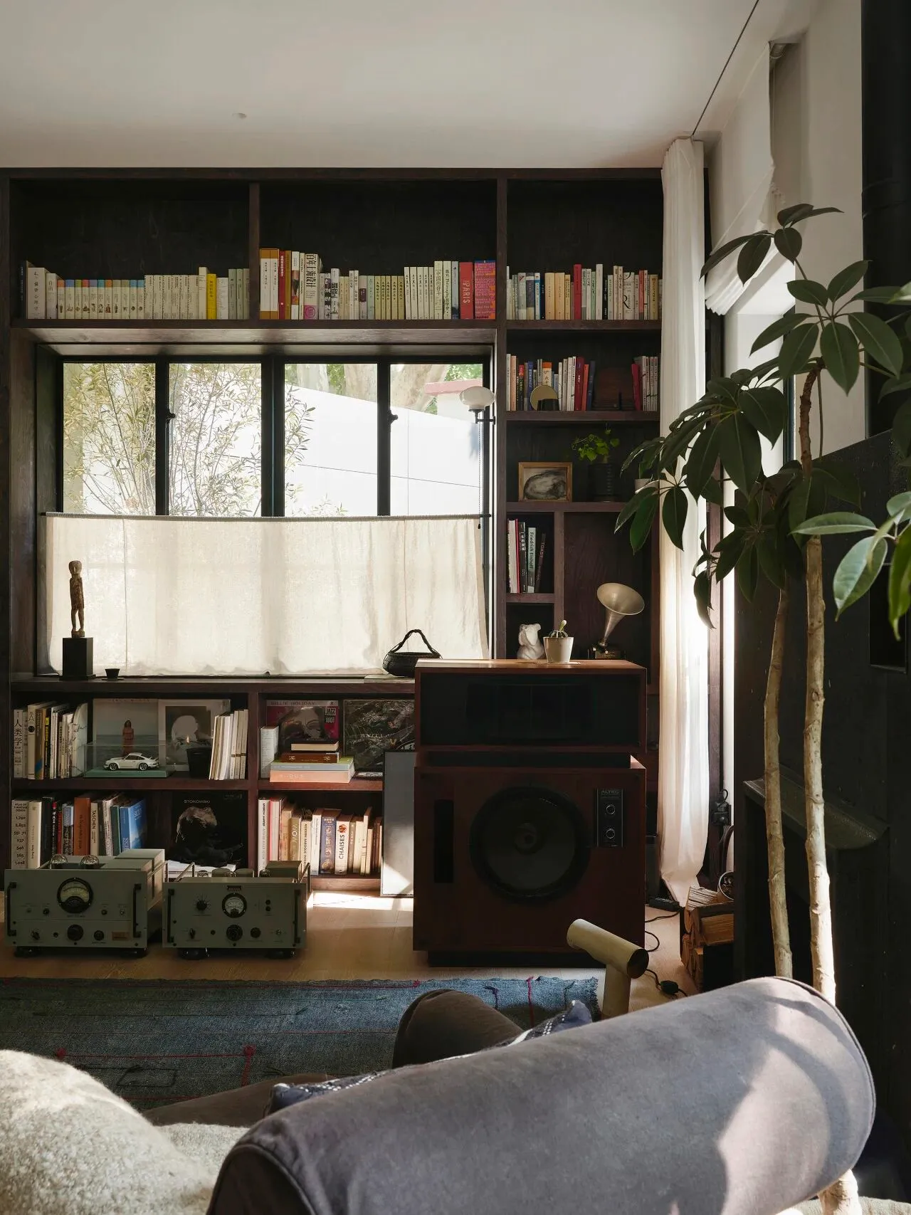 Cozy living space with a large bookshelf, a couch, and a diverse book collection