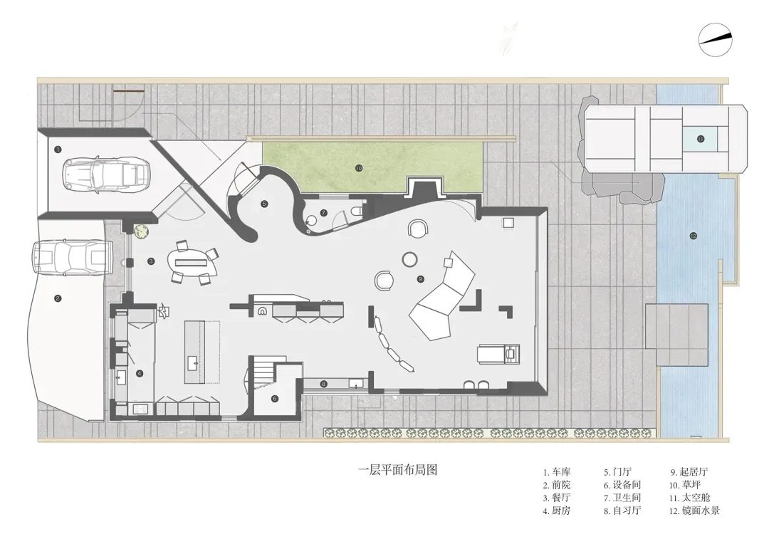 現代住宅的 2D 平面圖，包含各式房間、乾淨整潔的布局與開放空間
