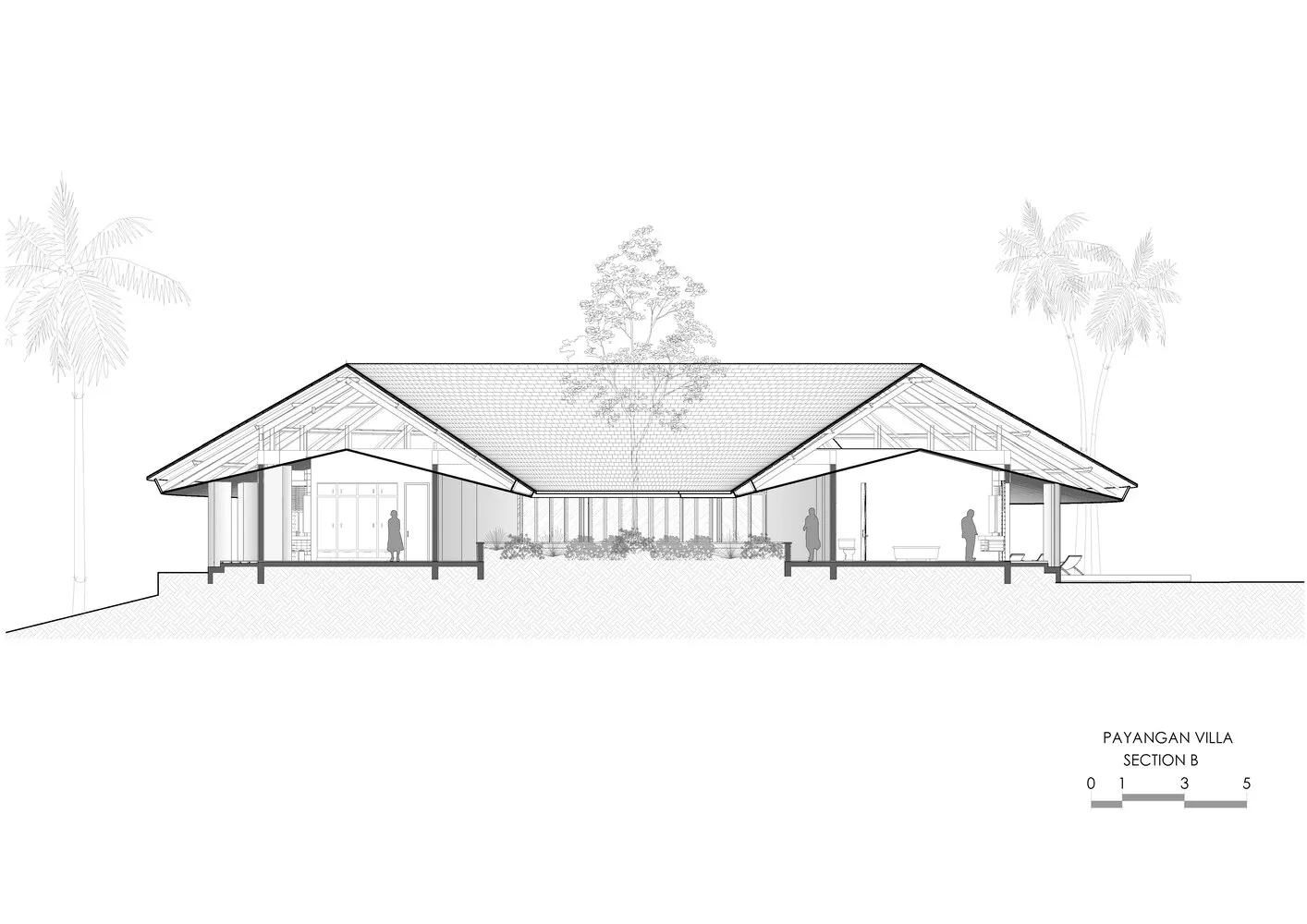 Architectural rendering of a modern building with a central tree and potted plants, surrounded by three people