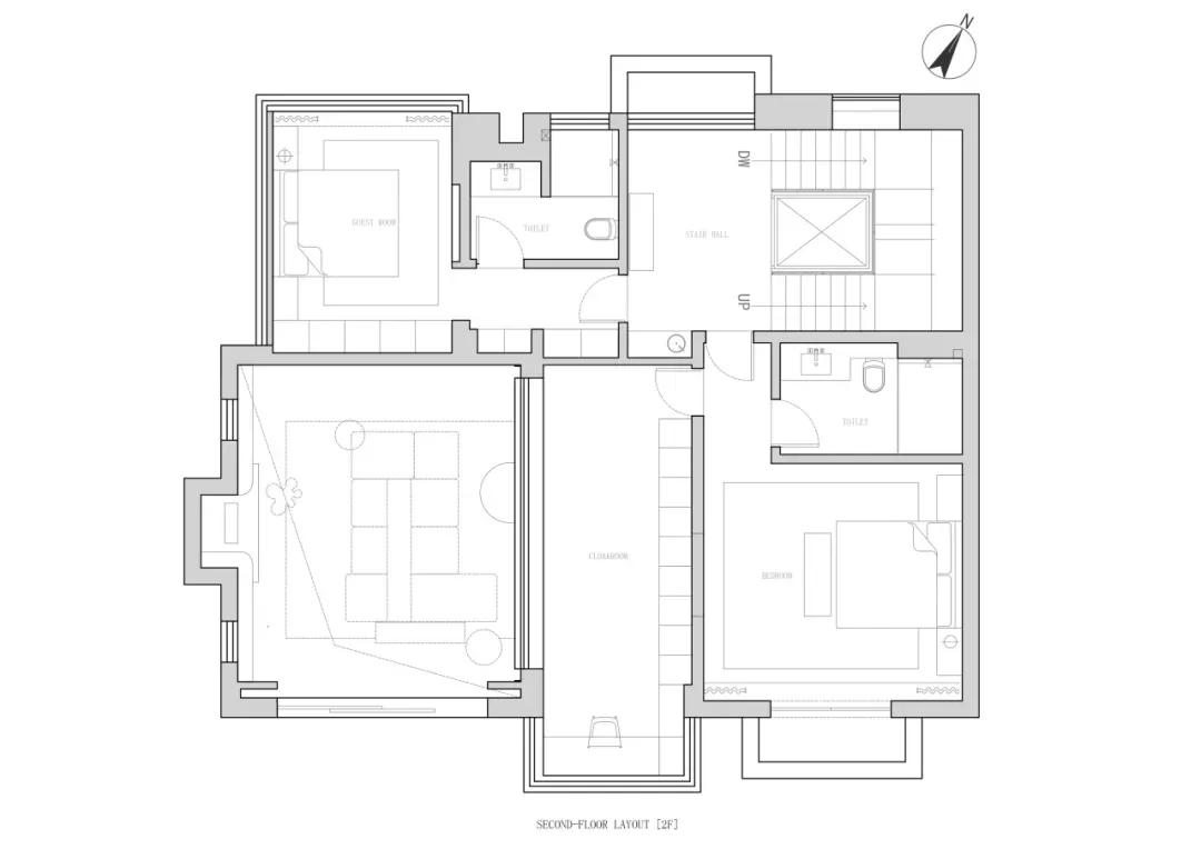 2D floor plan of a modern home with clean lines, minimalistic elements, and clear labels for rooms and features