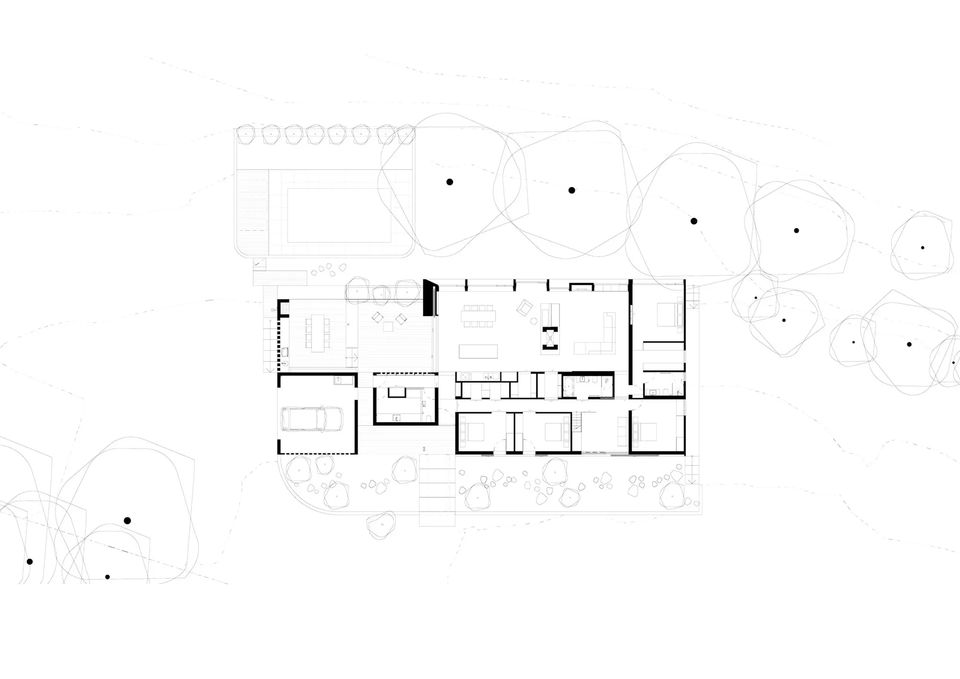 A well-designed interior space with a white house, multiple rooms, chairs, and dining tables, showcasing a comfortable and functional layout