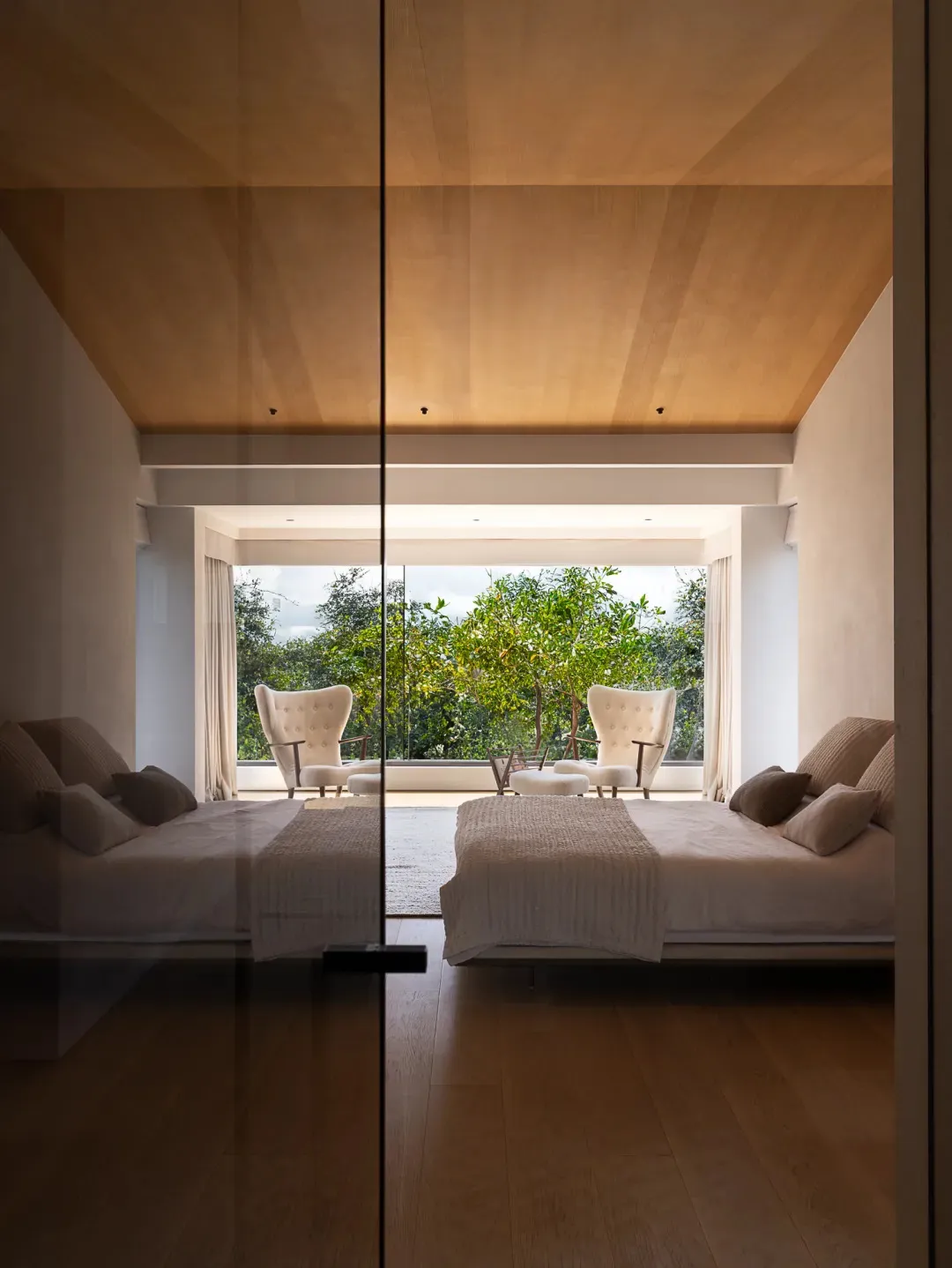 A modern living area with two beds, chairs, and potted plants on a hardwood floor, filled with natural light from windows
