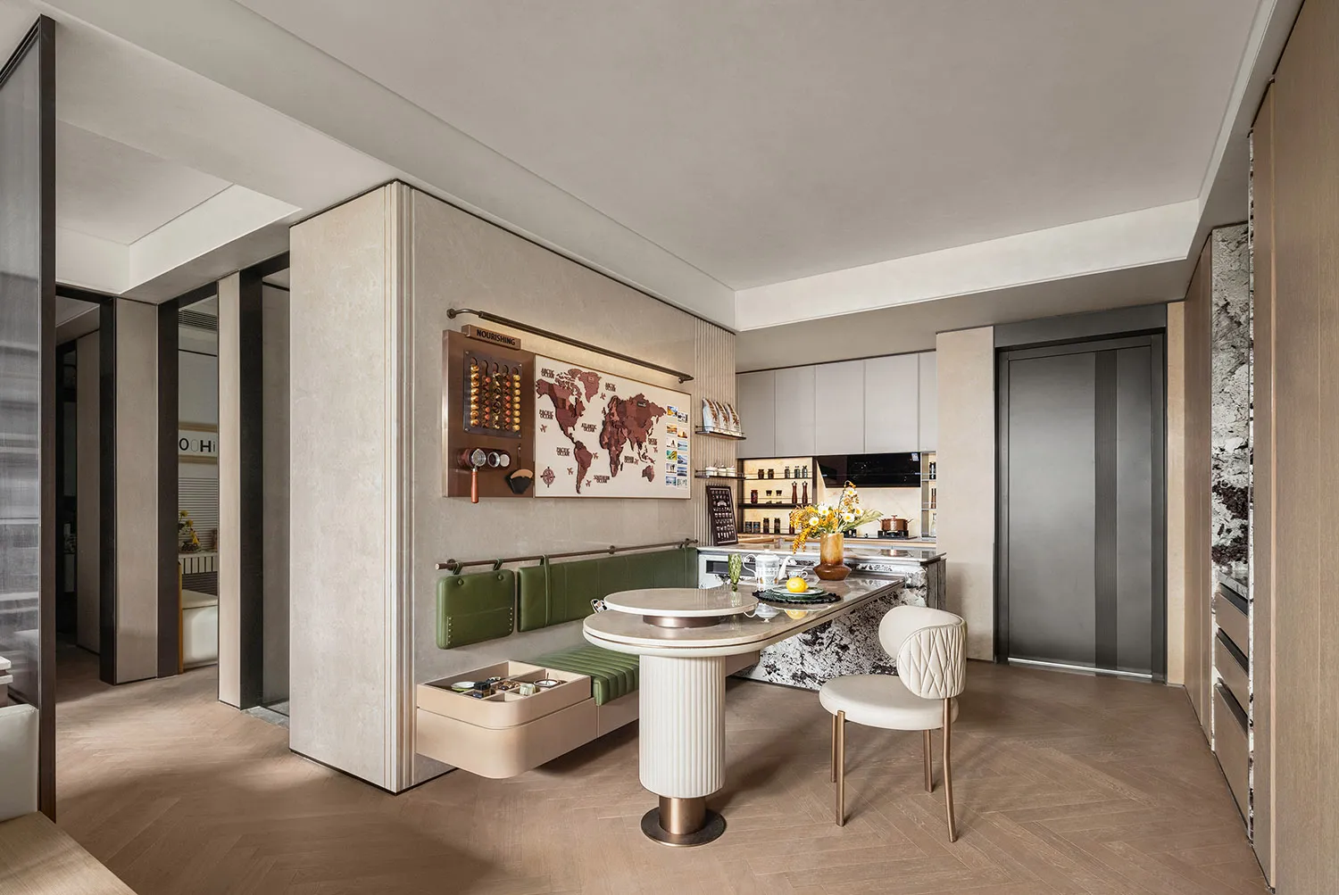 Cozy open concept living area with furniture, bottles, and cups, featuring a focus on functionality and comfort