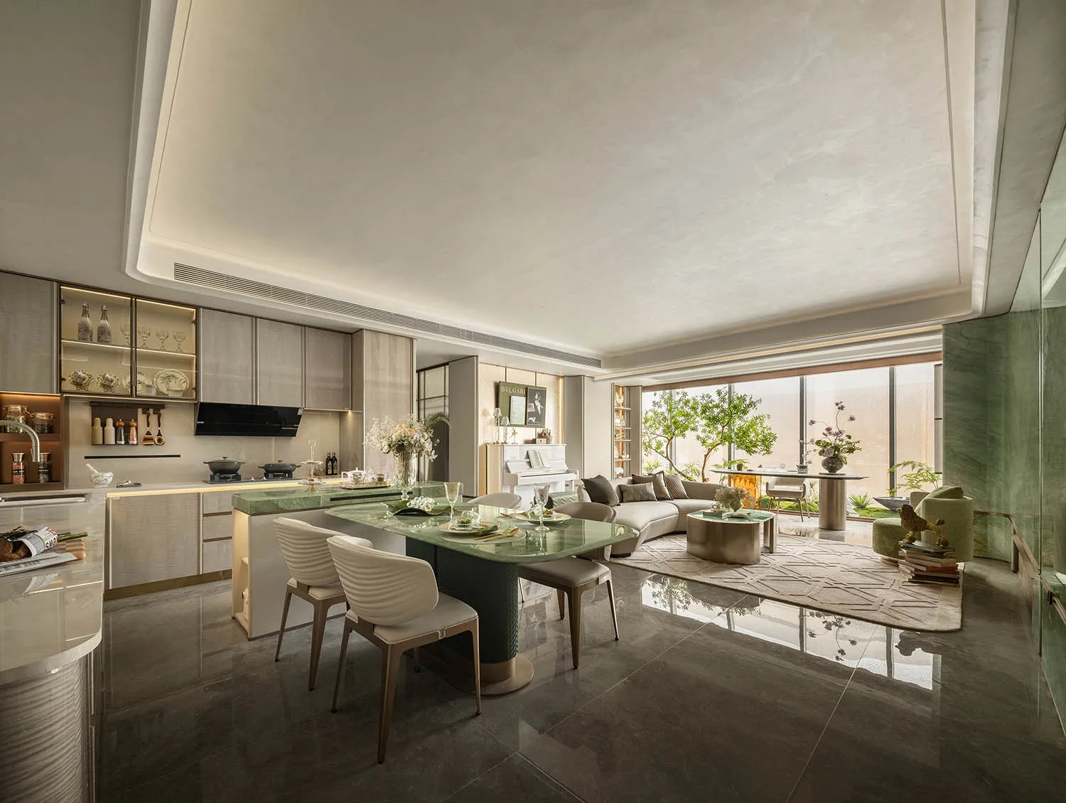 Open living area with a glass table, chairs, potted plants, and vases, well-lit and inviting