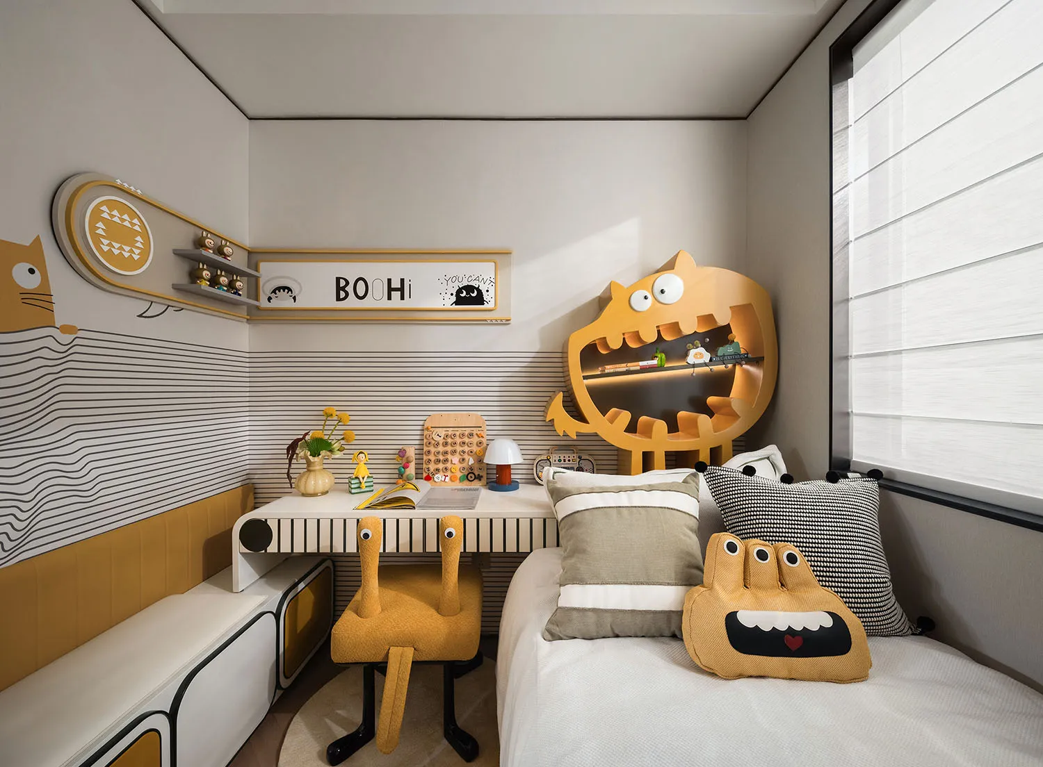 A child's bedroom with a bed, desk, and toys, featuring a cozy atmosphere and playful elements such as stuffed animals and a book on the desk