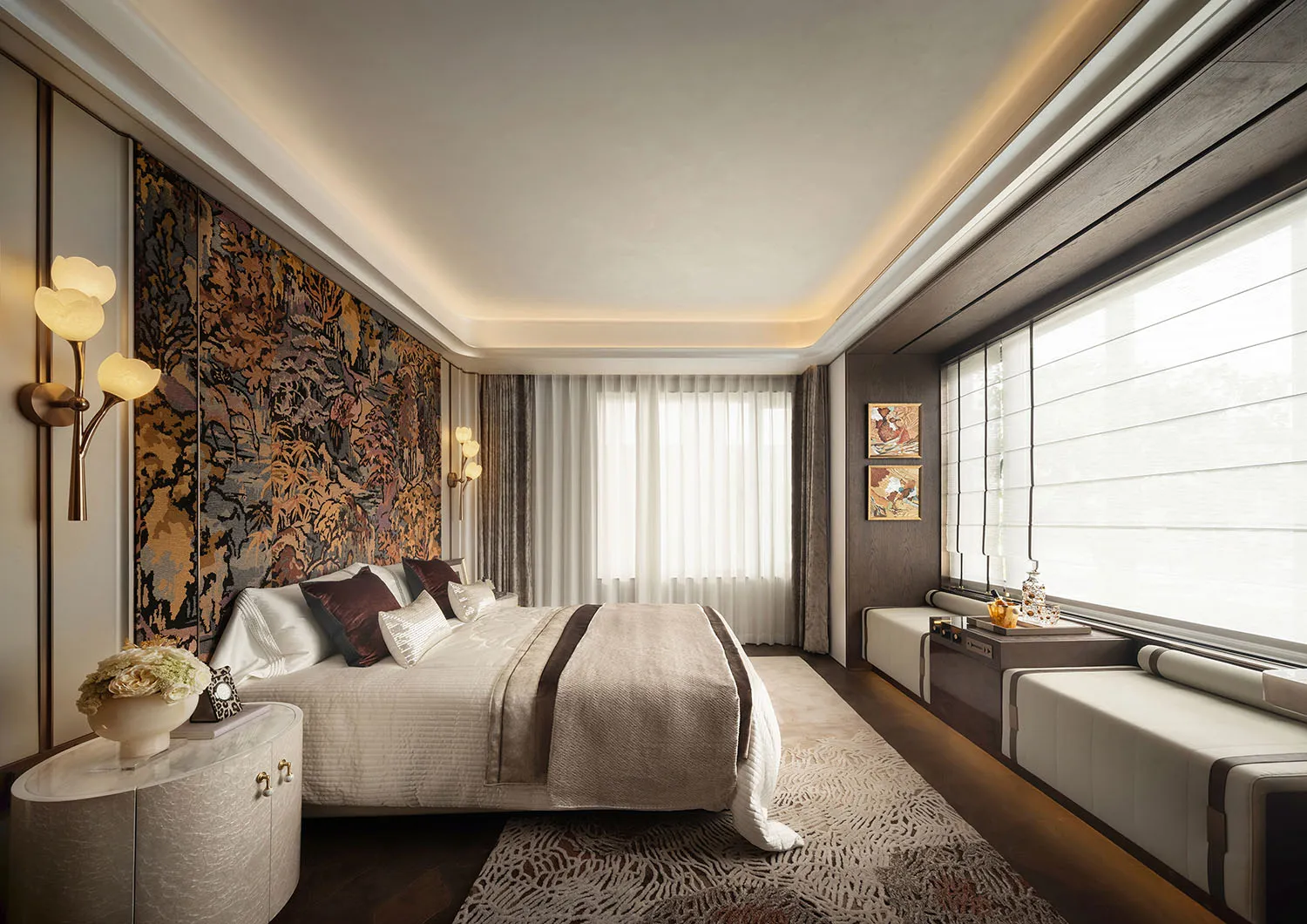 Cozy bedroom with a white bed on a carpeted floor, a modern design, and a wallpapered ceiling, with two windows providing natural light