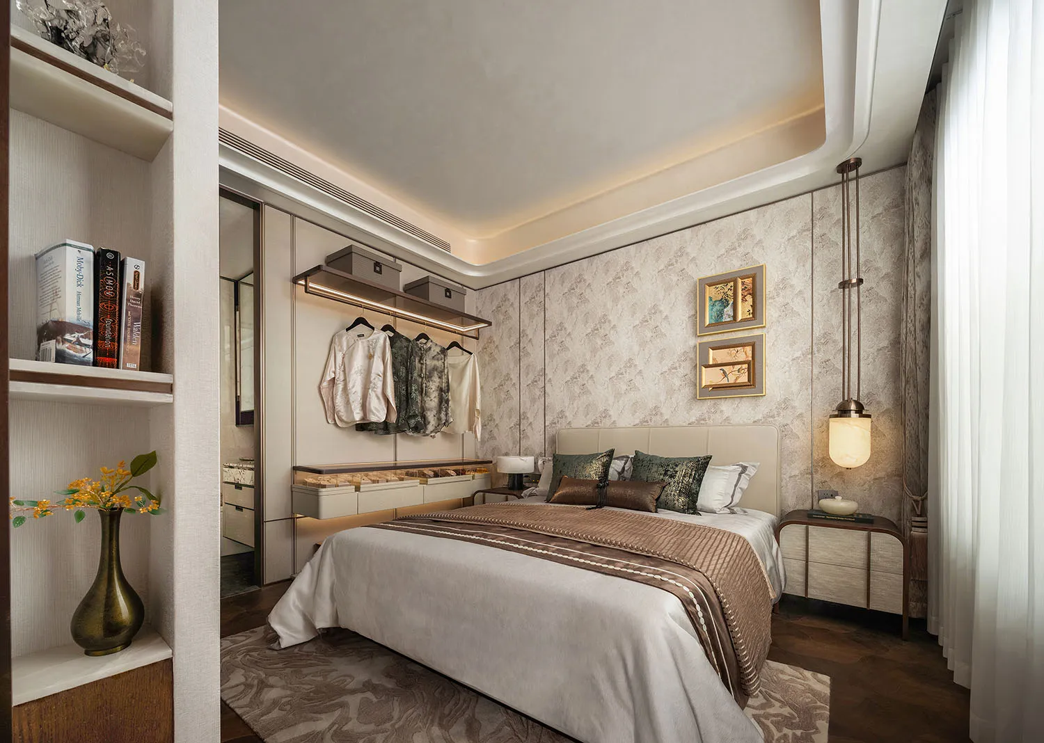 Elegant bedroom with a large bed, two nightstands, and a dresser, featuring a sophisticated design and wooden furniture