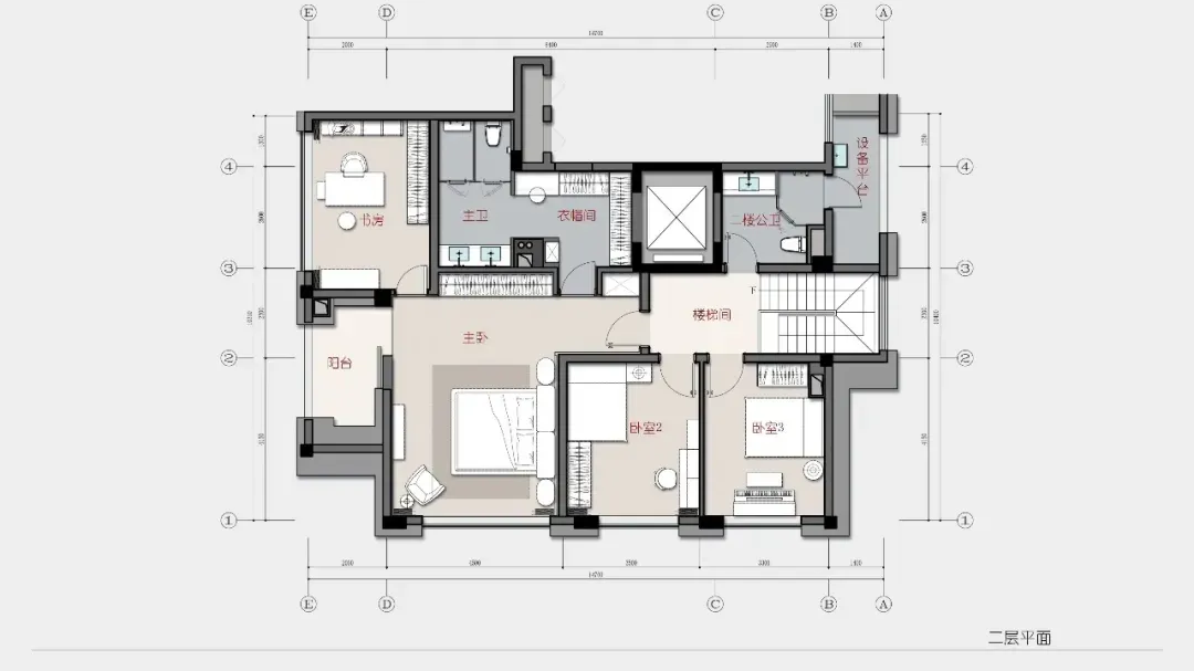Architectural rendering of a two-story house with modern and traditional elements, white walls, and furniture in the living room and other areas