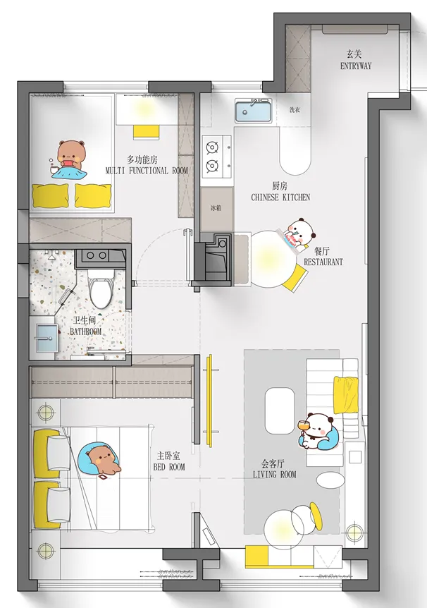 Cozy Asian-style living space with a bedroom, bathroom, kitchen, dining room, and living room, featuring a couch, chair, bed, toilet, sink, refrigerator, and oven, with a warm and inviting atmosphere
