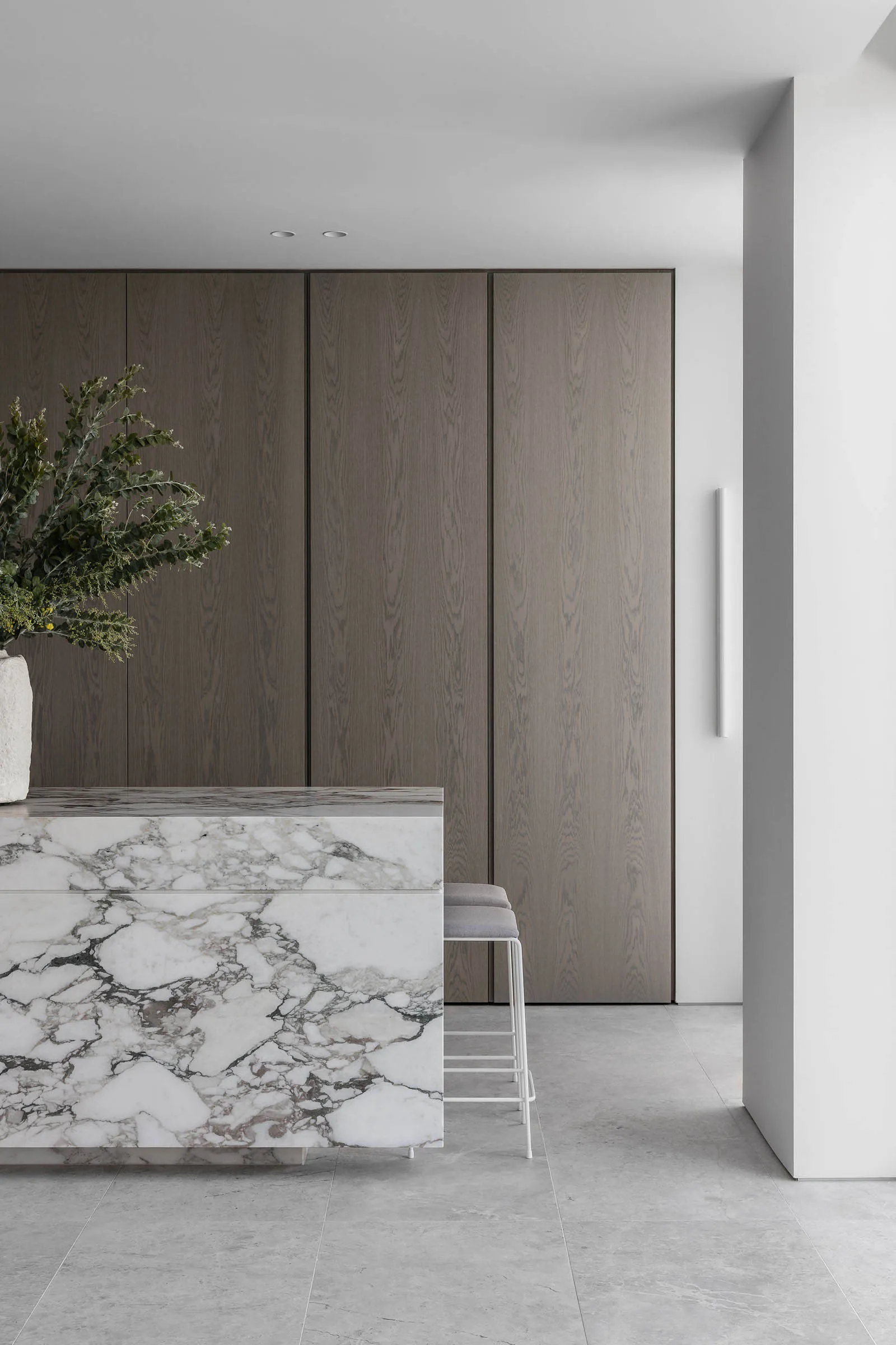 Modern kitchen with a marble countertop, two doors, a potted plant, and a chair, set against a neutral background