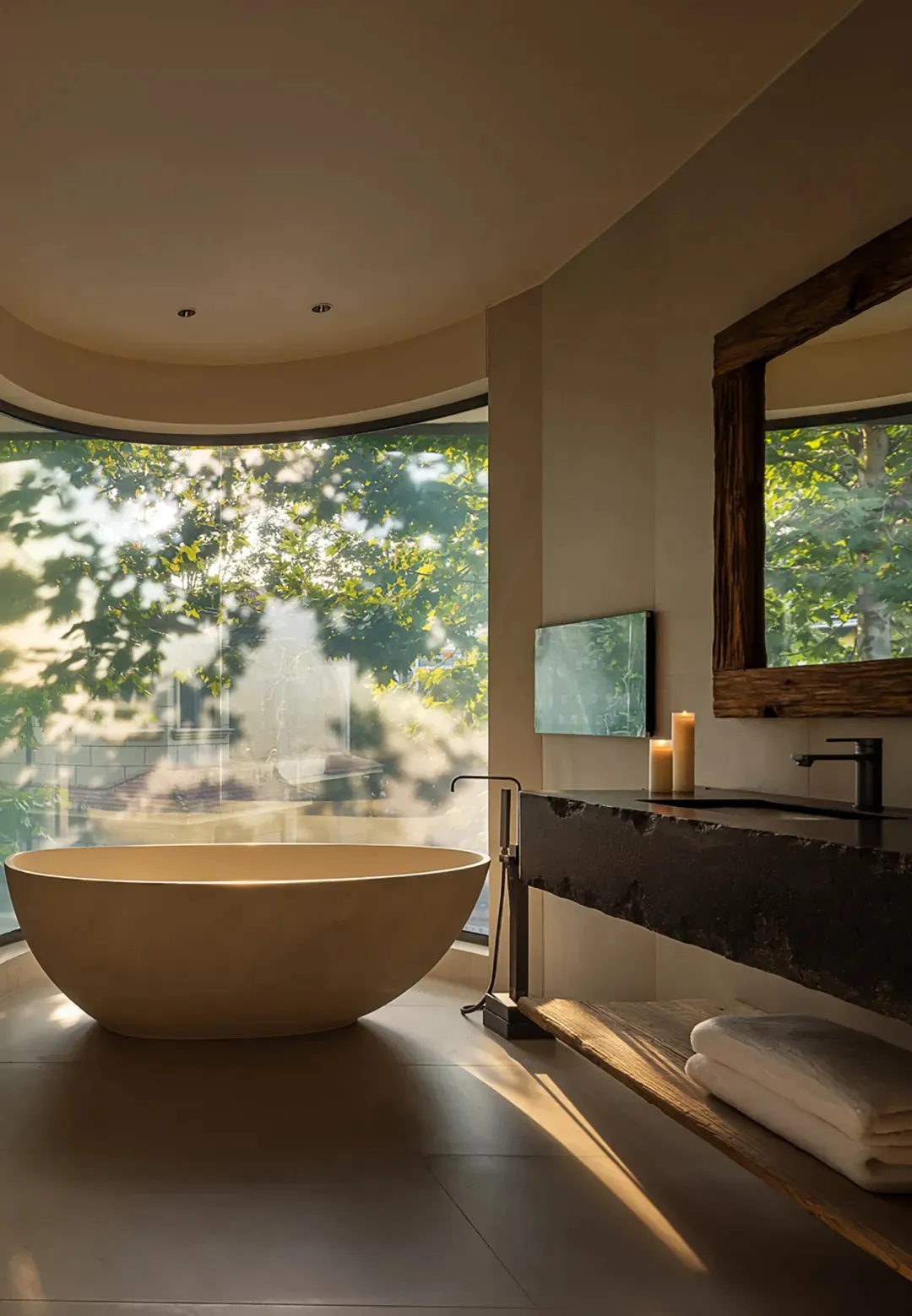 A serene bathroom with a white bathtub, candles, and a window, creating a peaceful ambiance