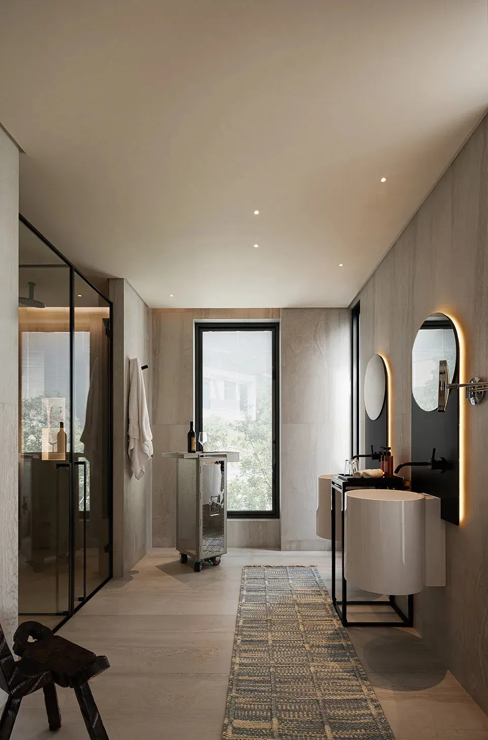 A modern bathroom with two sinks, a bathtub, and a bottle on a countertop, featuring a well-lit and inviting atmosphere