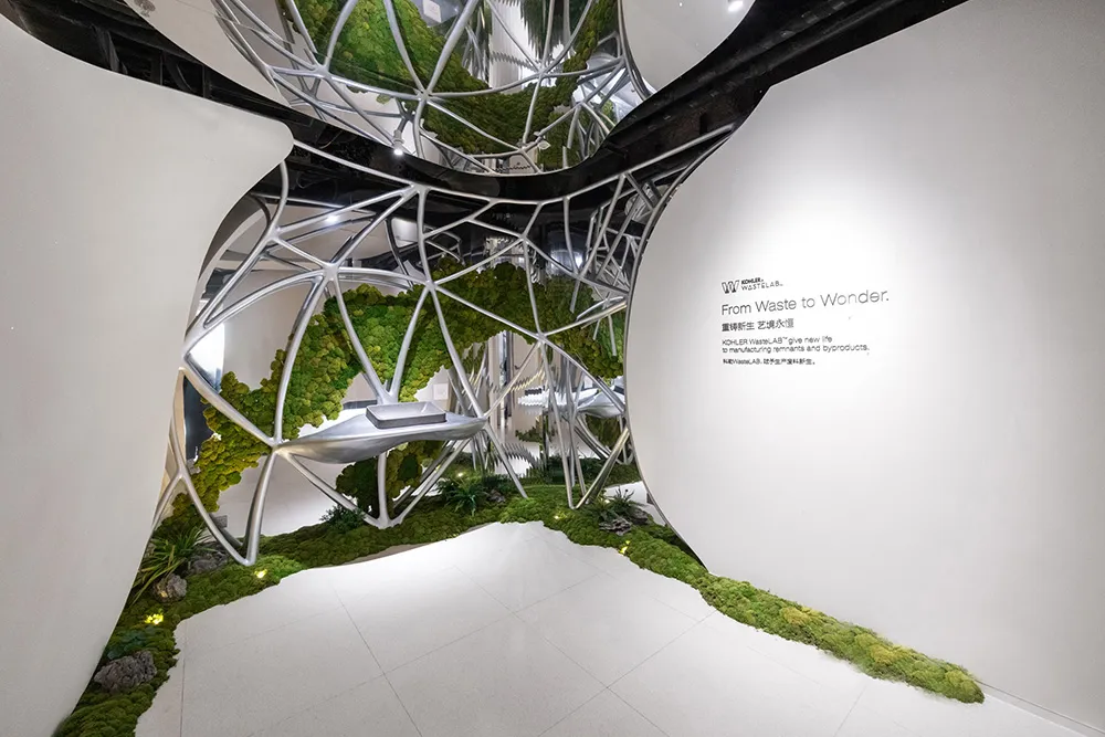 A modern, minimalist space filled with lush greenery and a dome-shaped structure, with soft and diffused lighting creating a warm ambiance