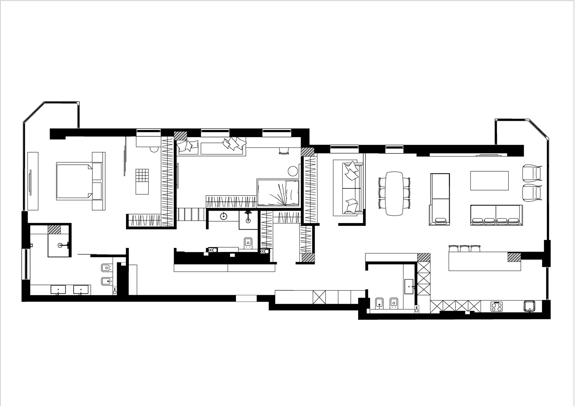 Black and white floor plan of a modern house with a living room, kitchen, and dining room, featuring clean lines and minimalistic design, with natural light coming in through the windows