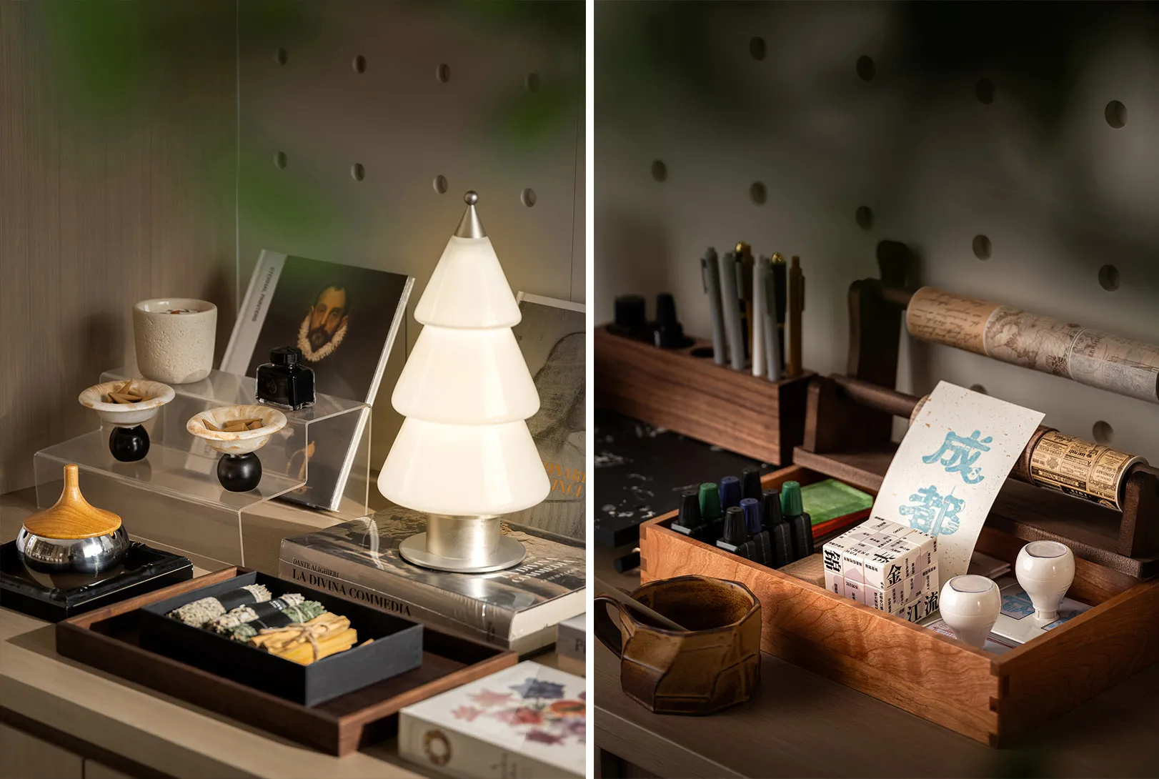 A cozy living space with a desk and various furniture pieces, featuring a warm atmosphere and a mix of textures and colors