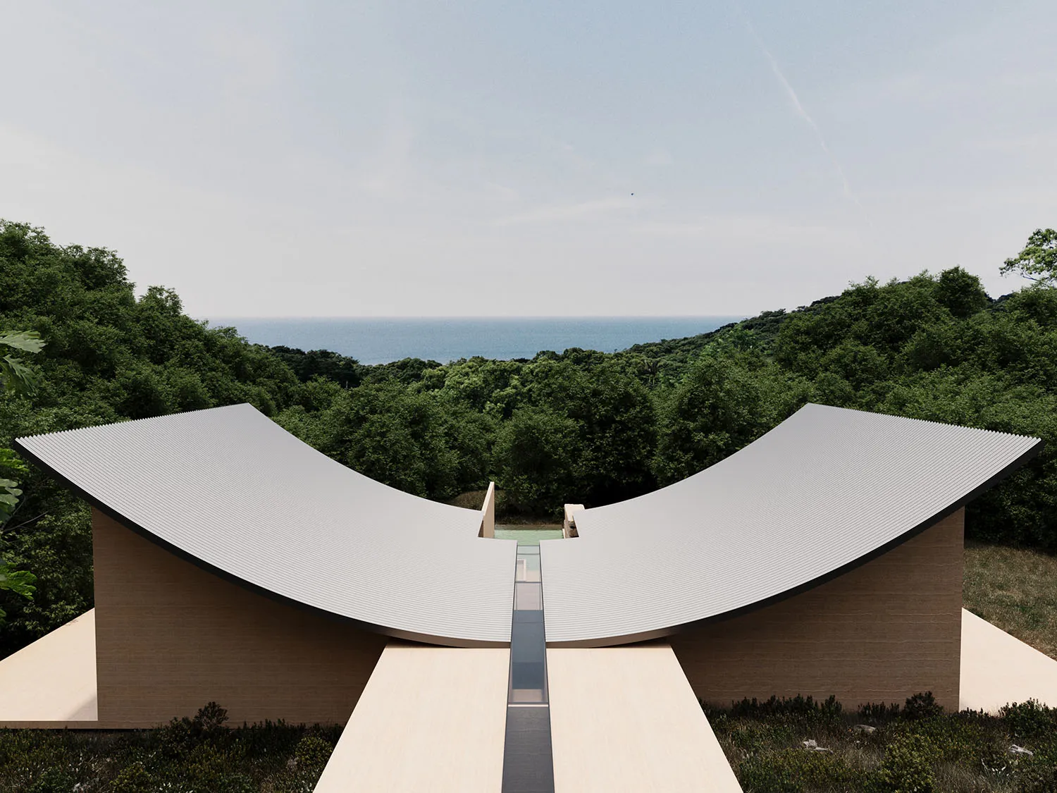 A modern building with a curved wood roof, surrounded by a forest, with natural light and a serene atmosphere