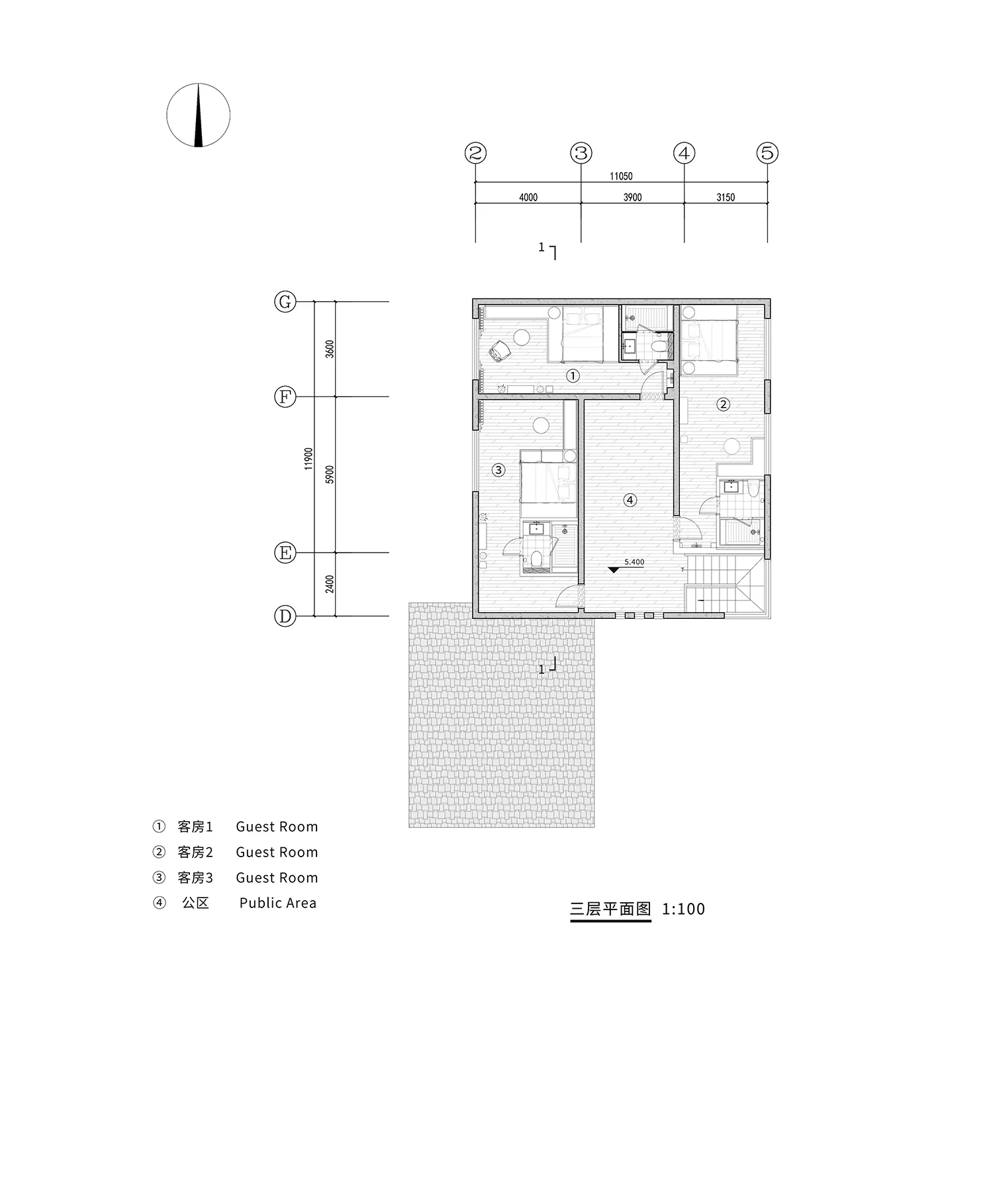 Black and white floor plan of a house with clear labels and measurements, divided into guest room, bathroom, and living room