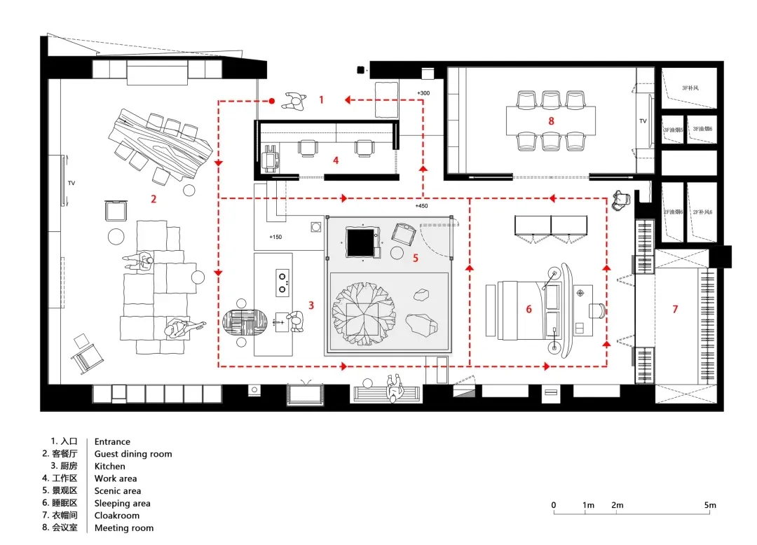 2D top-down floor plan of a modern house with clean lines, minimalistic design, and predominantly white materials, featuring a living room, dining room, kitchen, and bedroom