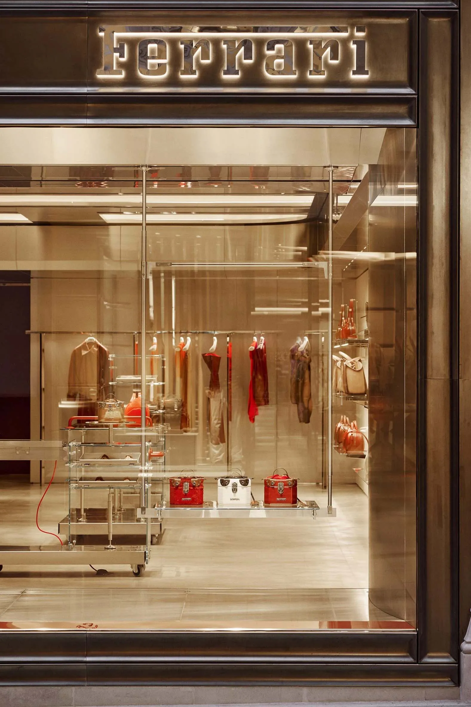 A store display showcasing handbags and shoes in a visually appealing and organized arrangement