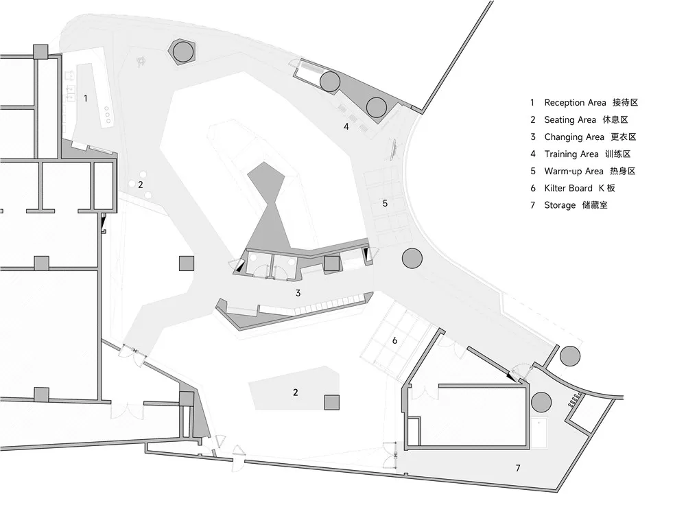 2D top-down schematic of a modern building with room outlines, labels, measurements, and symbols, featuring concrete, steel, glass, and wood elements