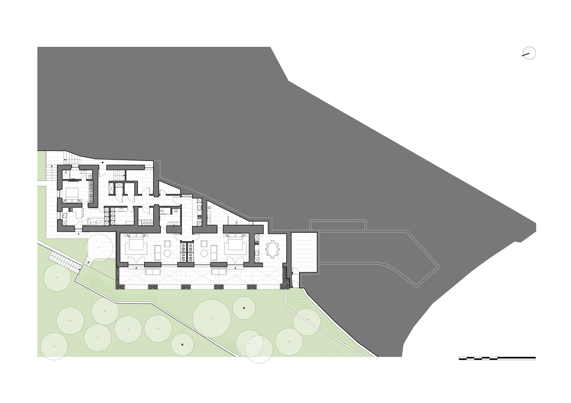 Detailed modern floor plan with clean lines, minimal decoration, and ample natural light from windows