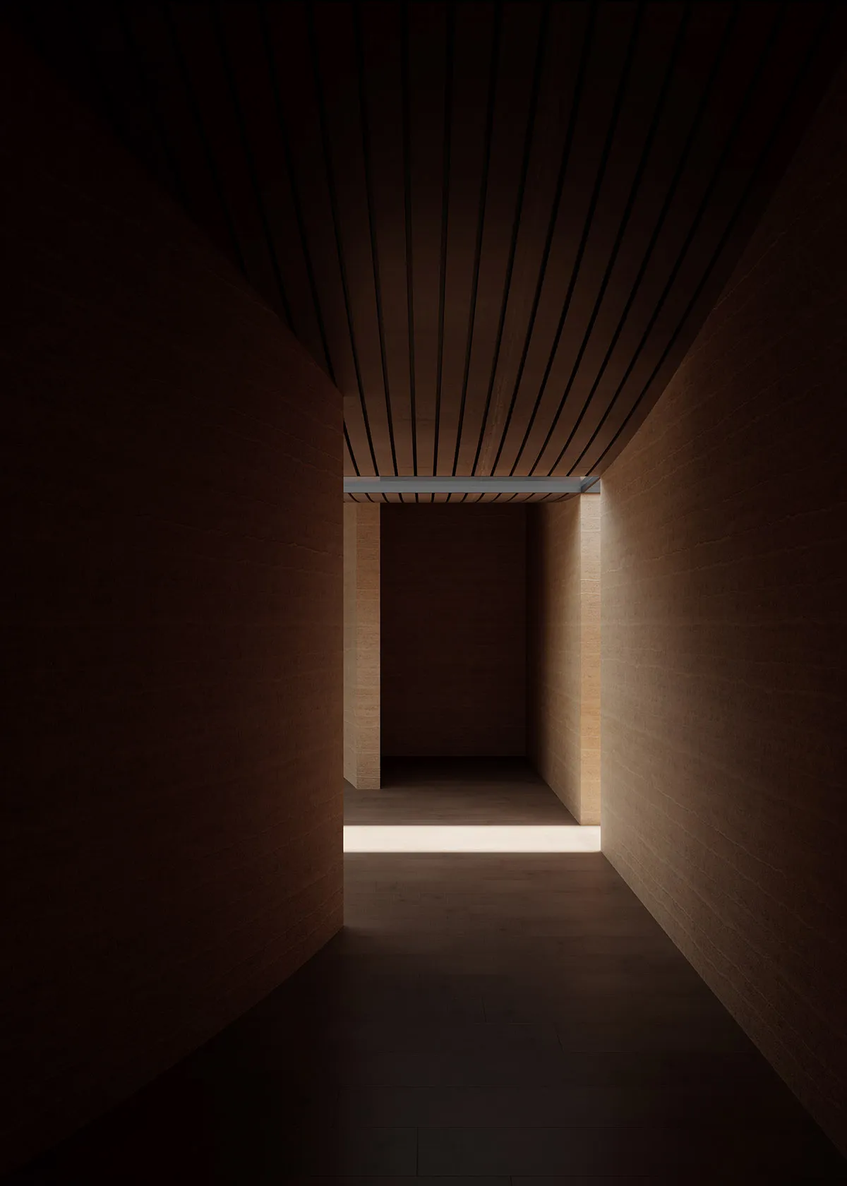Dark, narrow hallway with a wooden floor and walls, minimal lighting, and an empty space