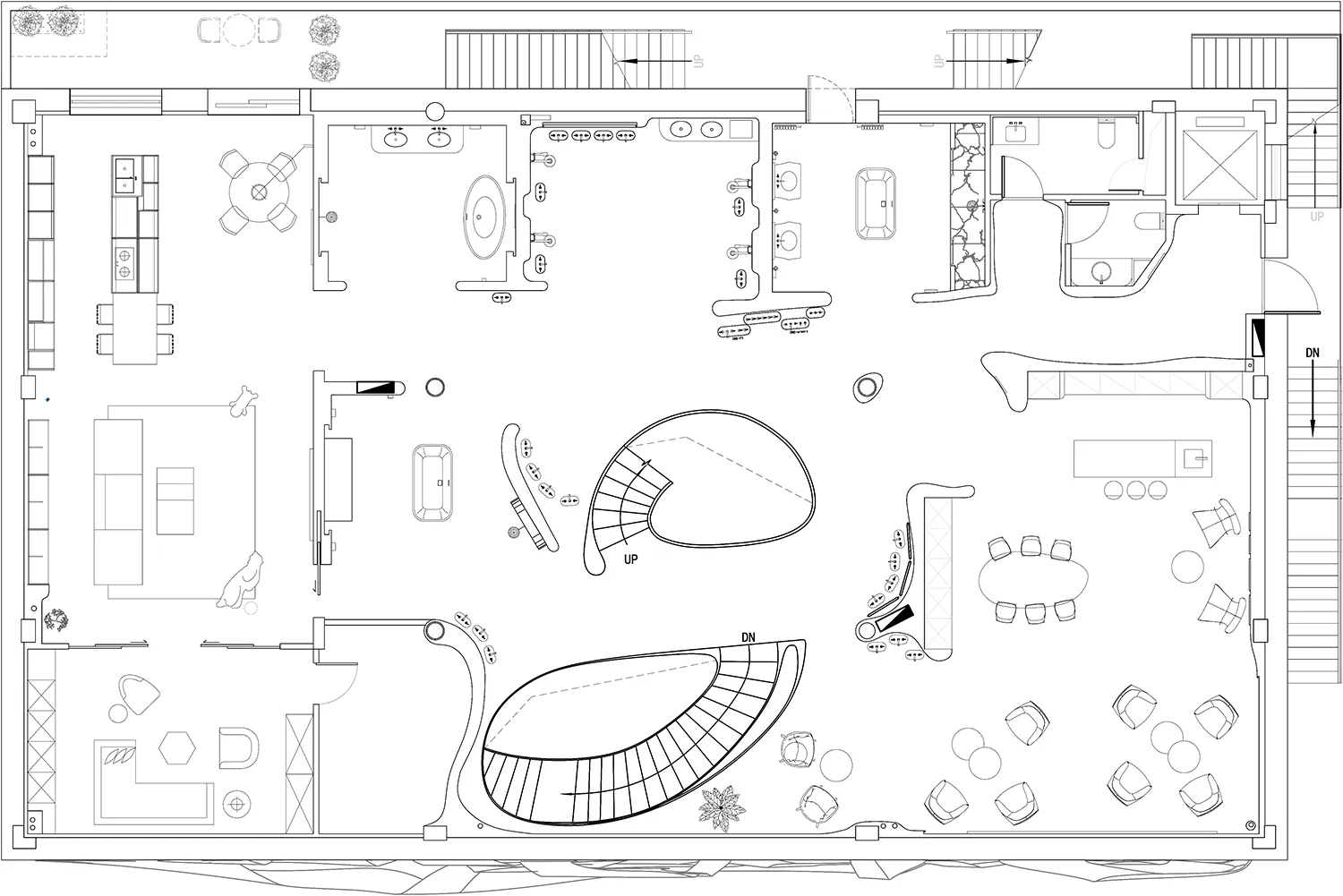 2D floor plan of a modern hotel with a lobby, dining area, and lounge, featuring a mix of materials and colors, with furniture and other elements placed strategically for comfort and convenience