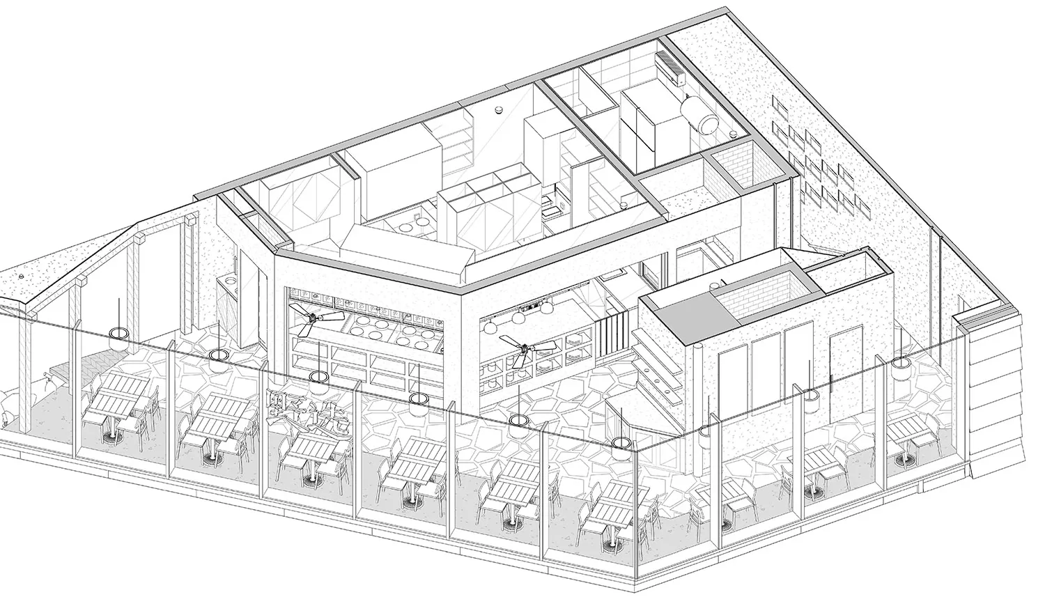 A modern dining and kitchen space with white surfaces, clean lines, and minimalistic design, featuring a top-down layout with labels and measurements