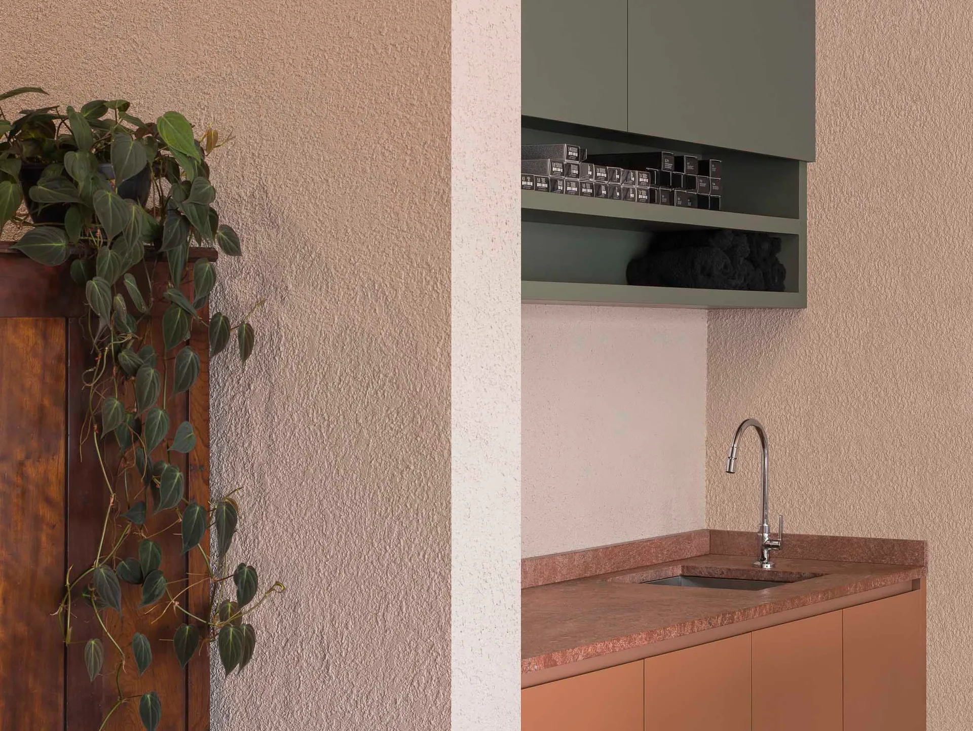 A small kitchen with a white wall, green cabinet, and a metal sink on the right, accompanied by a green potted plant on the left, creating a cozy and inviting atmosphere