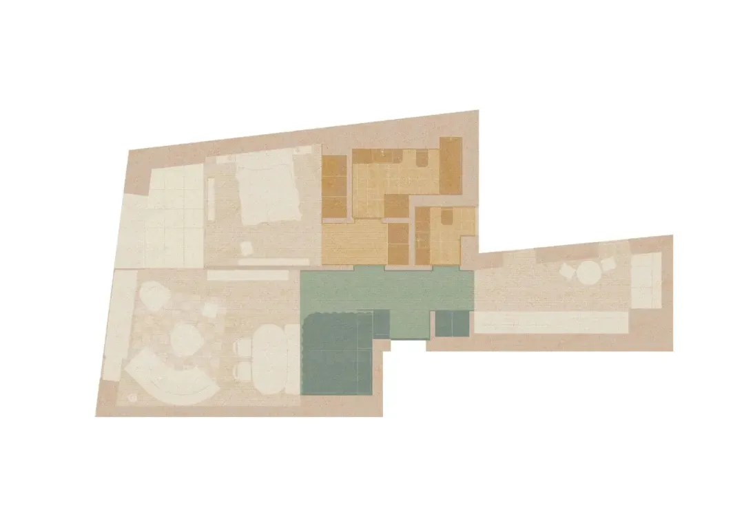 2D top-down floor plan of a modern residential building with room outlines, labels, measurements, and symbols, featuring concrete and wood materials and natural lighting