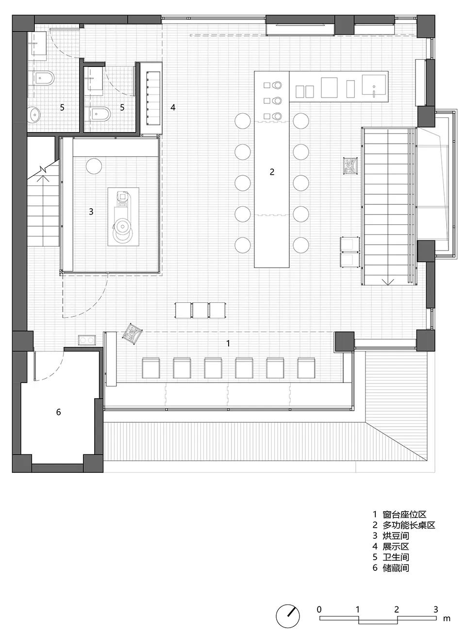 Black and white floor plan of a well-lit dining room with a table, chairs, sink, refrigerator, and microwave