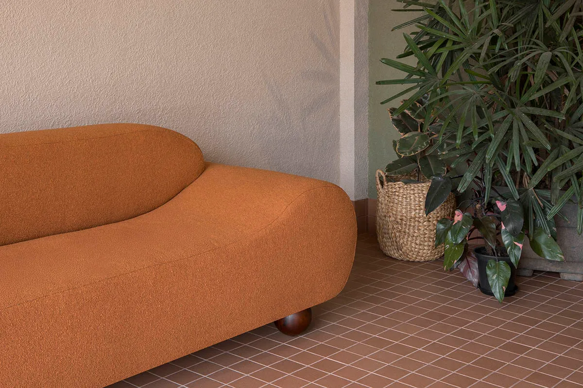 A well-lit living room with a brown couch and a potted plant, creating a comfortable and inviting atmosphere