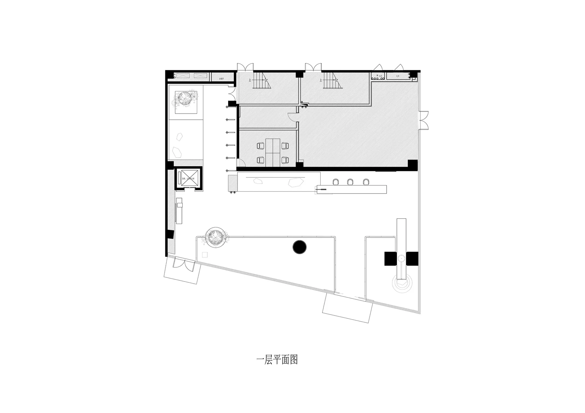 黑白住宅區的平面圖，包含客廳、餐廳和廚房，具有簡潔的線條和最小主義的設計元素