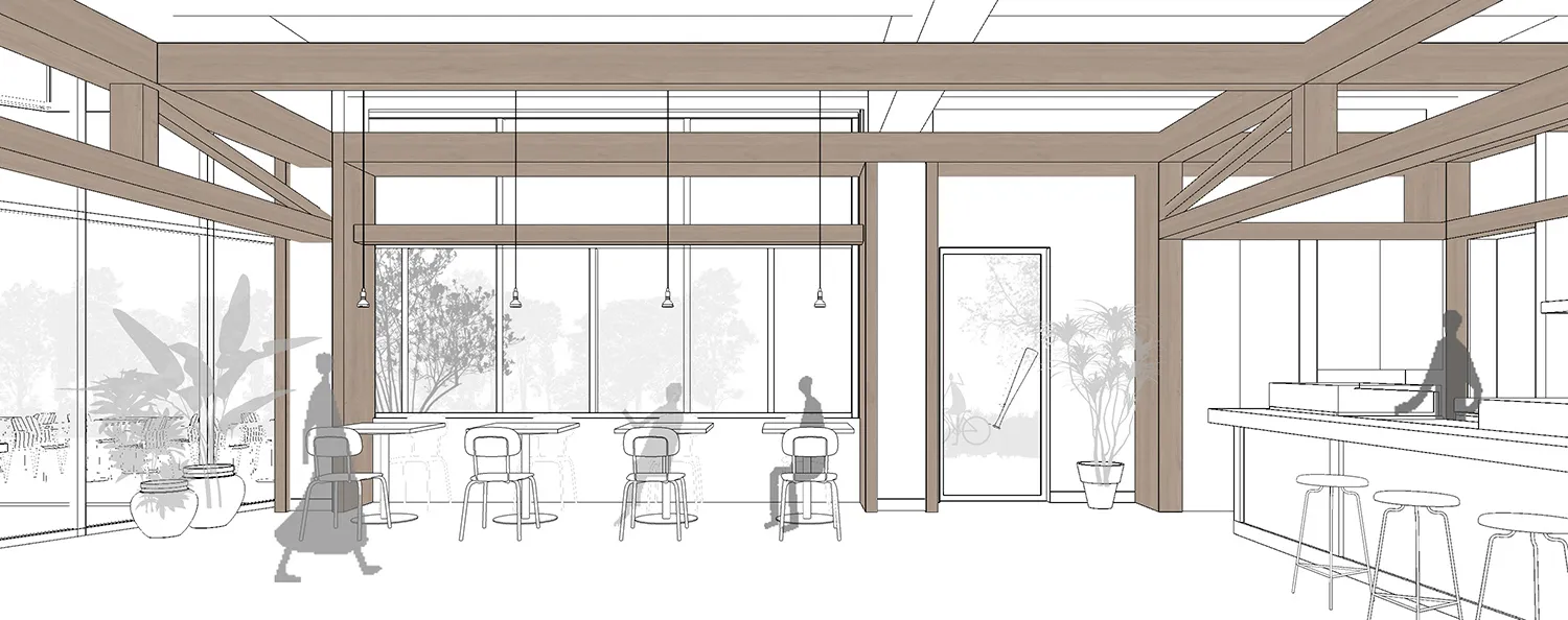 2D floor plan of a modern restaurant with wood and glass materials, featuring a dining area with tables and chairs, and natural lighting from windows