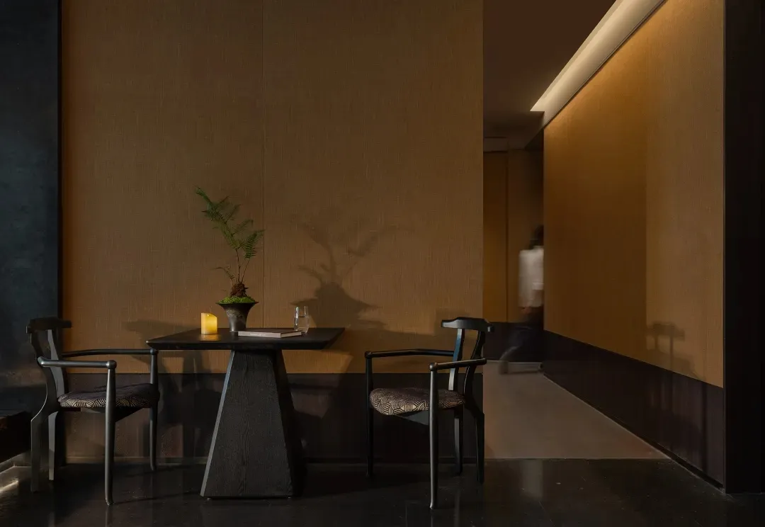Dimly lit dining room with a wooden floor, a brown table, and black chairs, surrounded by a potted plant