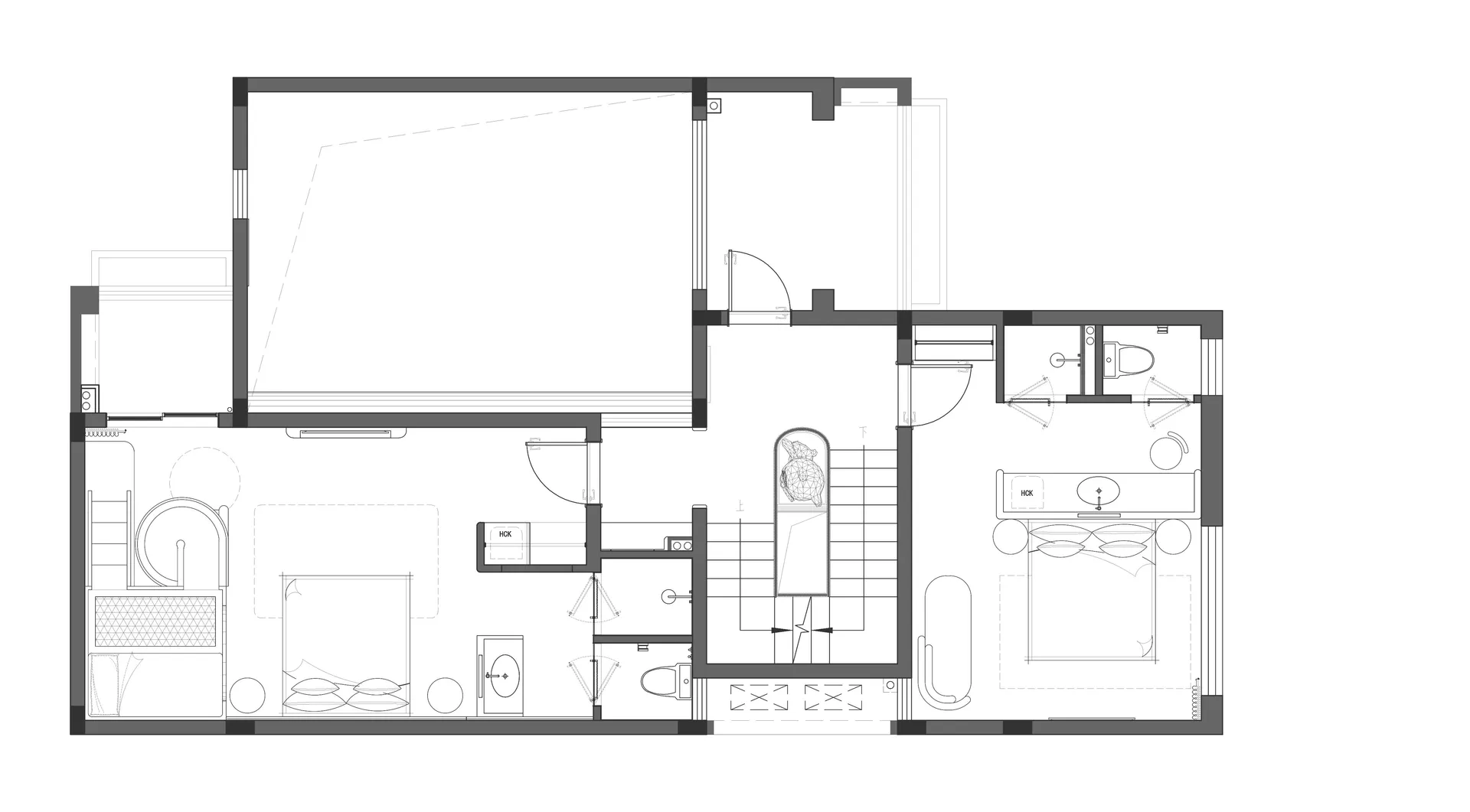 White and black floor plan of a modern house with clear outlines and labels for each room, showcasing a calm and organized layout with efficient use of space