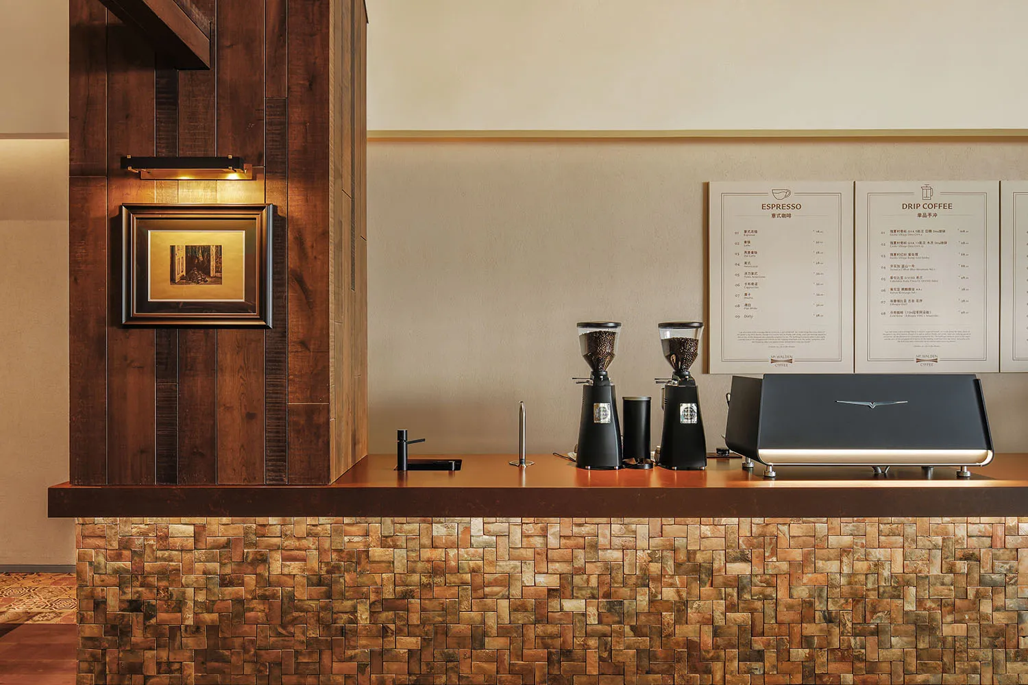Cozy coffee shop with a wooden counter, black coffee machine, and two coffee makers, set against a neutral background