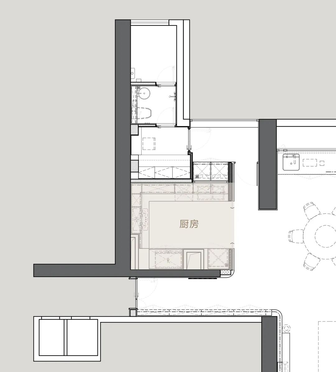 2D餐廳樓層設計圖,有廚房和餐廳區域,以白色和灰色tones,線條,和標籤
