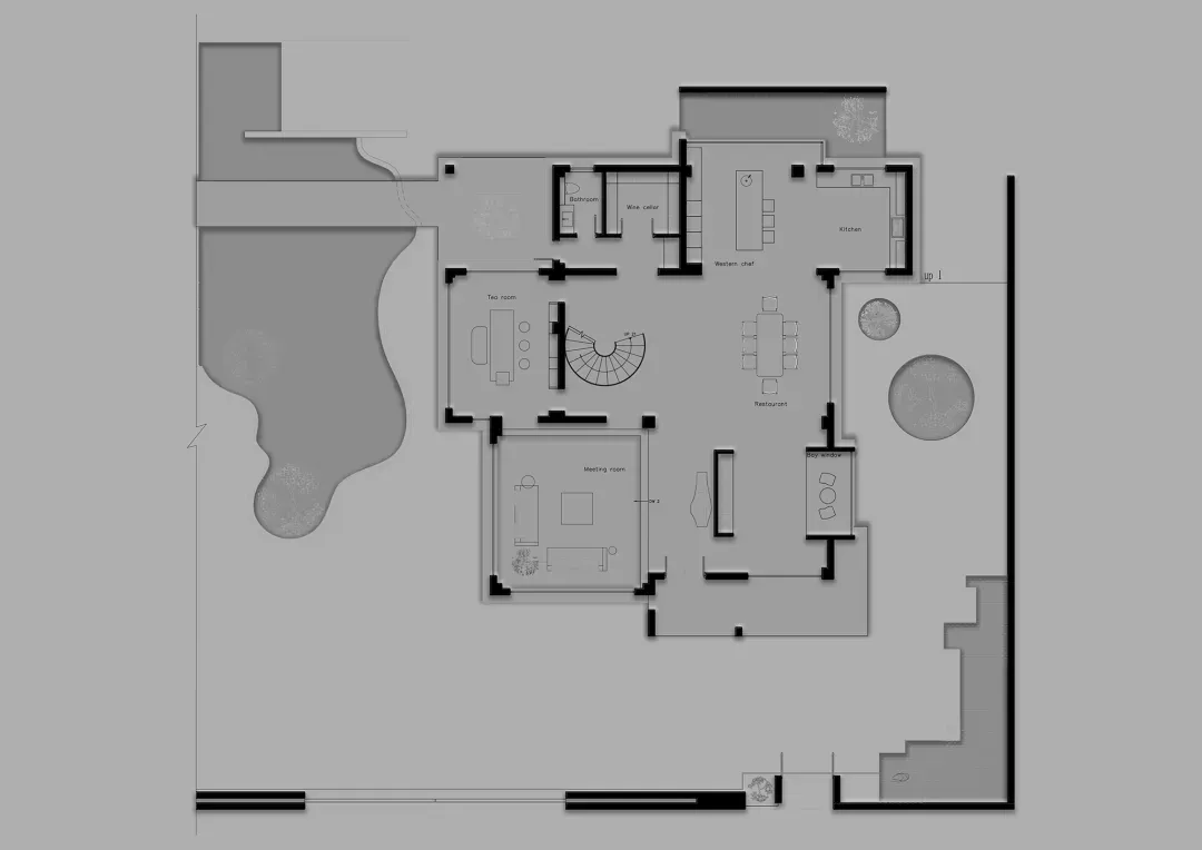 2D top-down schematic of a modern house with white and gray colors, well-lit with natural light from windows