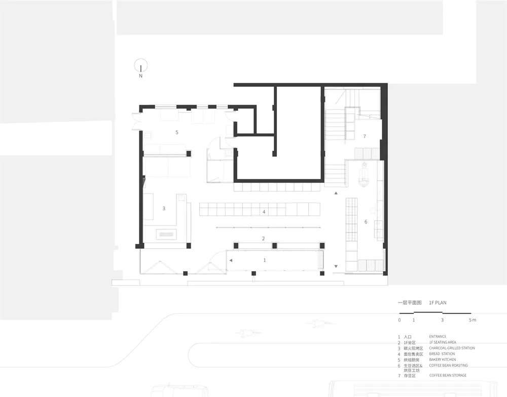 Black and white floor plan of a large room with a spiral staircase, furniture, and linework
