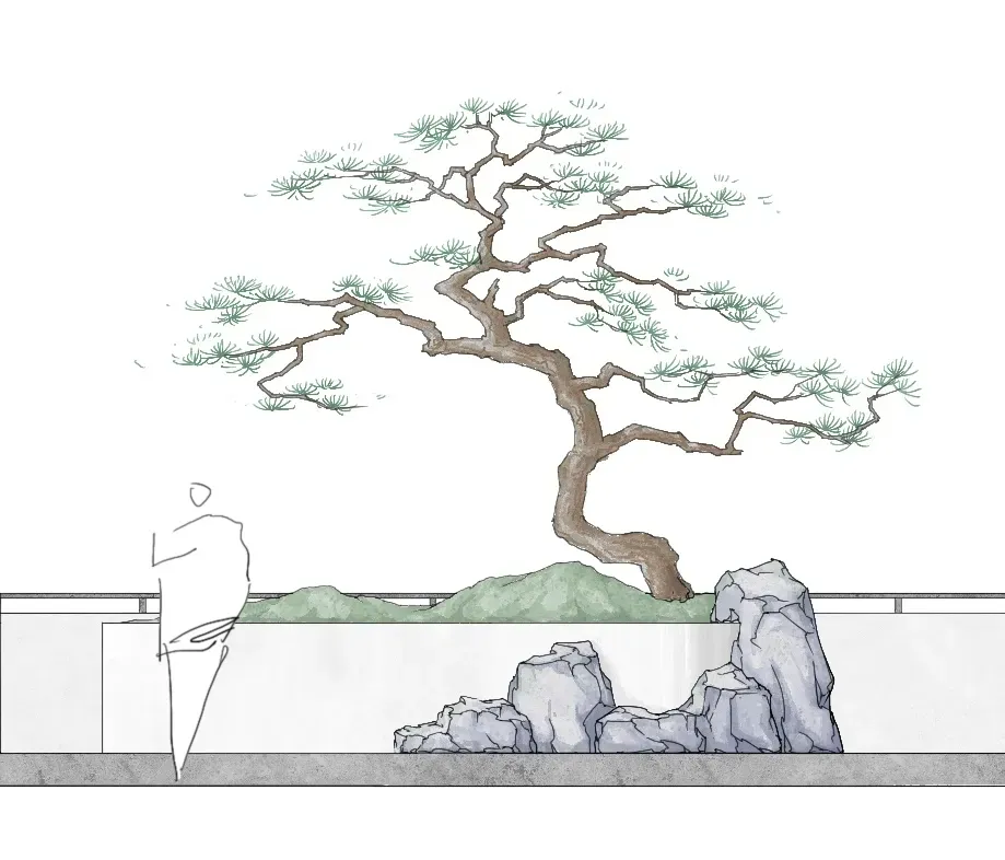 A rendered scene of a bonsai tree in a rock garden, surrounded by rocks and a person, set in a courtyard with a mix of traditional and modern elements