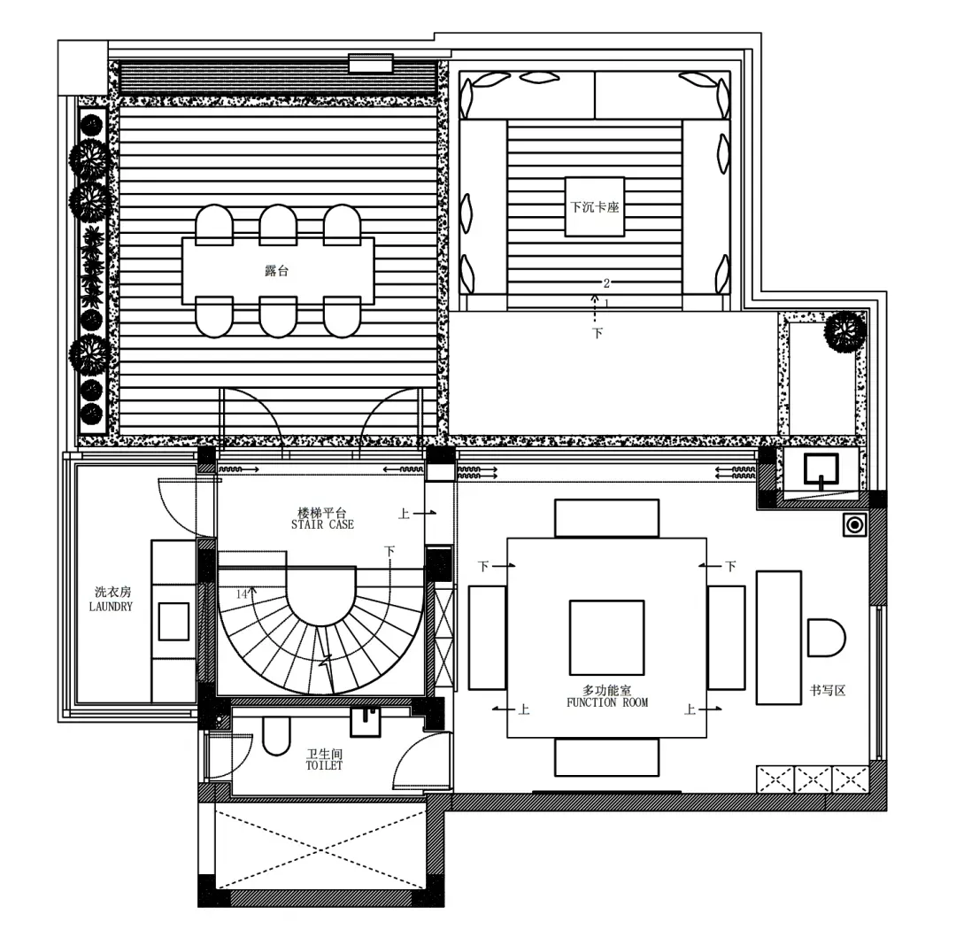 Black and white 2D floor plan of a house with room outlines, labels, measurements, and symbols