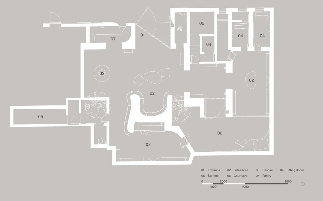 2D floor plan of a large open area with clean lines, minimal decoration, and dim lighting
