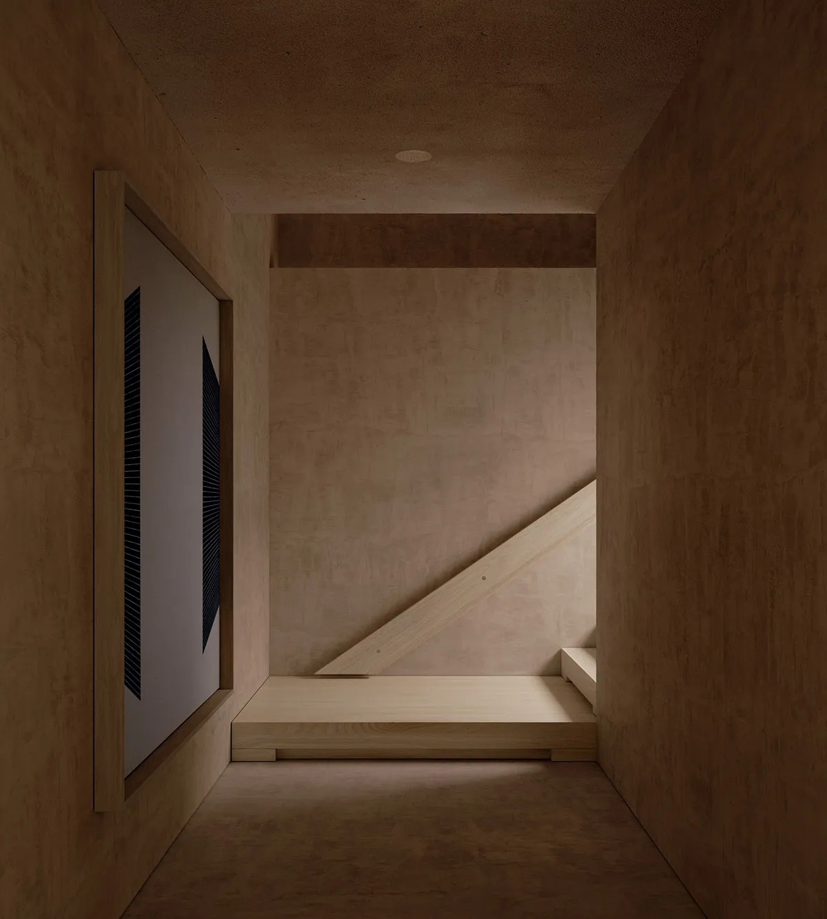 Dimly lit room with a wooden floor and staircase in the corner, minimalist style
