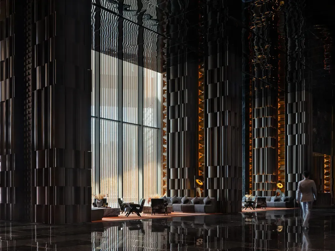 Modern commercial space with black and white color scheme, metal-framed window, and dim lighting, featuring furniture and a cozy atmosphere