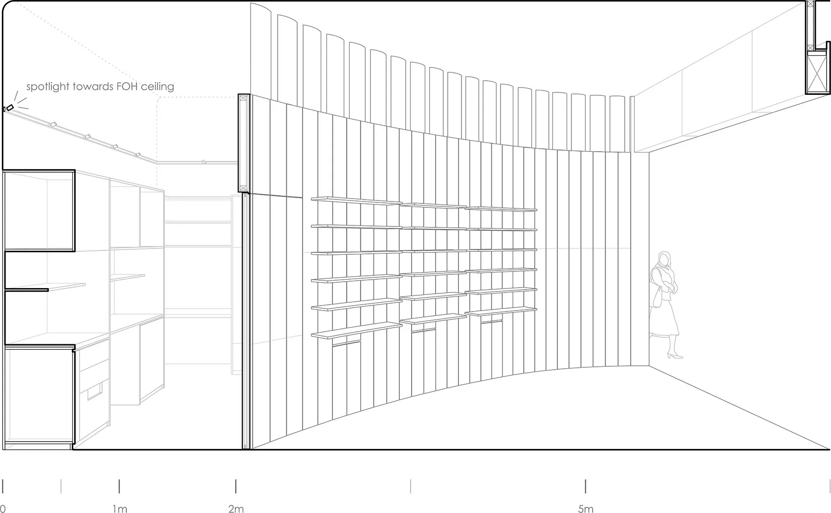 Black and white floor plan of a modern room with a curved wall and wooden panels, featuring a door for entry
