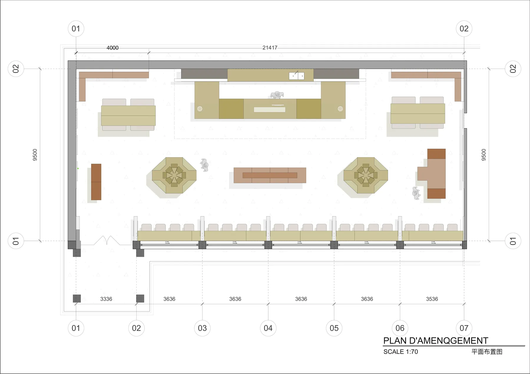 Detailed modern room floor plan with a large couch, dining table, and bench, featuring white materials and natural lighting