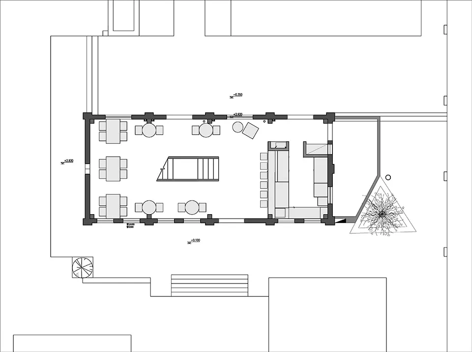 A dimly lit modern restaurant with a large room containing a dining area, chairs, and tables, with a floor plan layout of room outlines, labels, and measurements
